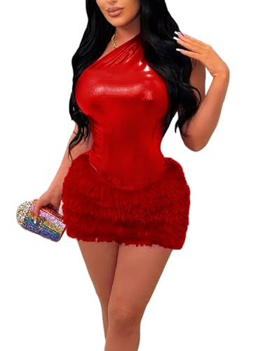 2 Piece Outfits for Women Sexy One Shoulder Metallic Bodysuit Top Night Party Club Mini Skirt Set