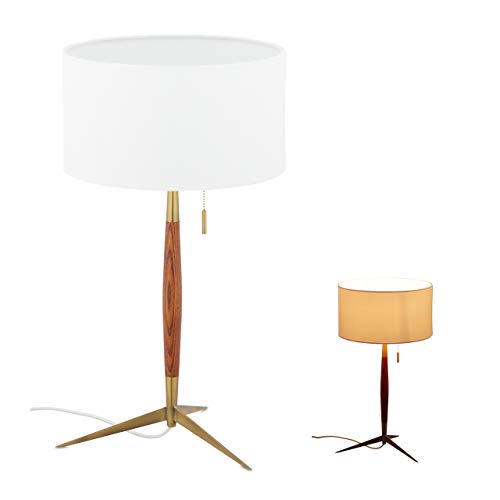 Relaxdays Lampe de table, abat jour en tissu et interrupteur à tirette, E27, salon et chambre à coucher, en bois, métal,