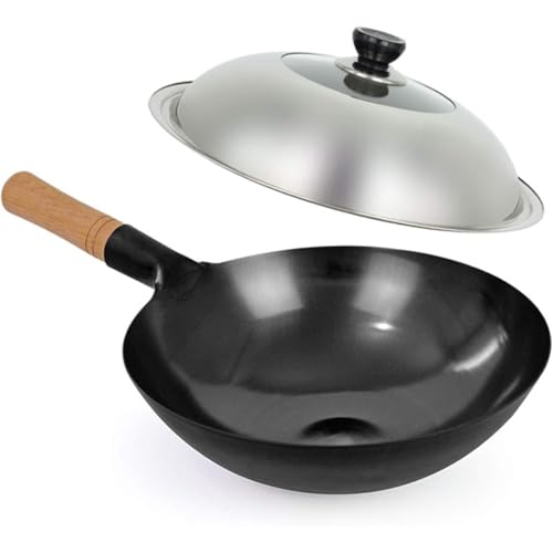 TATSUTOMO 中華鍋 炒め鍋 手作り鉄鍋 木柄 焦げ付きにくい炒め鍋 中華料理 鉄製 軽くてサビにくい鉄のいため鍋 ガス火専用 (34CM,片手鍋+ステンレスの蓋)