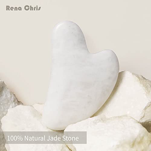 Image of Rena Chris Gua Sha Facial Tools: Natural Jade Stone Guasha Tool for Face Acupuncture Therapy, Facial Massager for Jawline Sculpting and Puffiness Reducing (White)