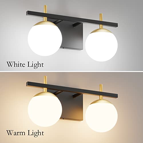 Image of Ralbay 2-Light Black and Gold Bathroom Vanity Light Mid Century Modern Milky Glass Ball Wall Light for Bathroom 2 Light Black /Golden