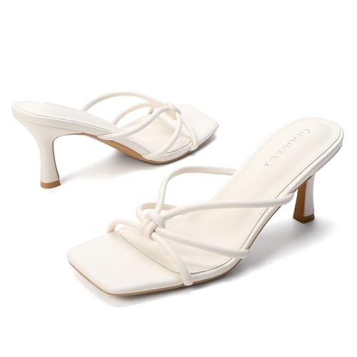 Image of Goderci Kitten Strappy Heels for Women Knotted Square Open Toe Slip On Mule Heels Mid Heeled Sandals
