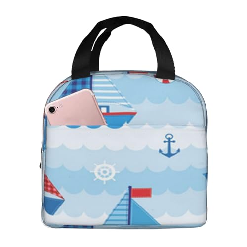 断熱ランチバッグ、大容量、防水、熱漏れ防止、スタイリッシュで丈夫、仕事、学校、アウトドア活動に便利、ユニセックス (青い男の子の波模様、かわいいボート、赤ちゃん、誕生日、航海)