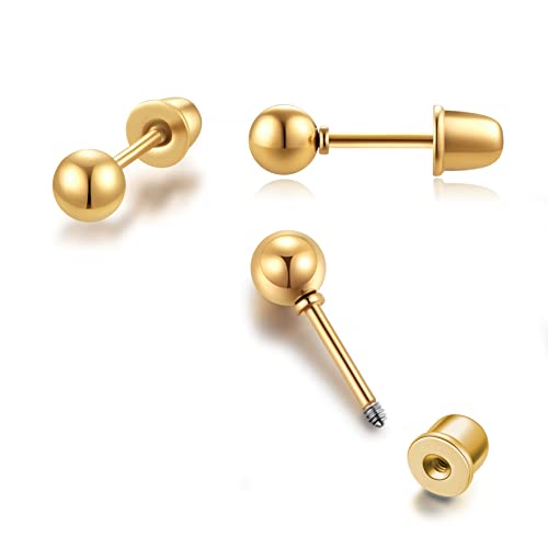 Flat Screw Back Ball Stud Earrings For Women Girls,2mm 3mm 4mm 5mm 6mm Ball Earrings for Toddlers Cartilage Helix Tragus Piercing(Silver&14K Gold)