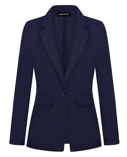 MINTLIMIT Womens Blazer Notched Lapel Button Front Jacket Suits with Pockets Formal Work Office,Navy Blue,S