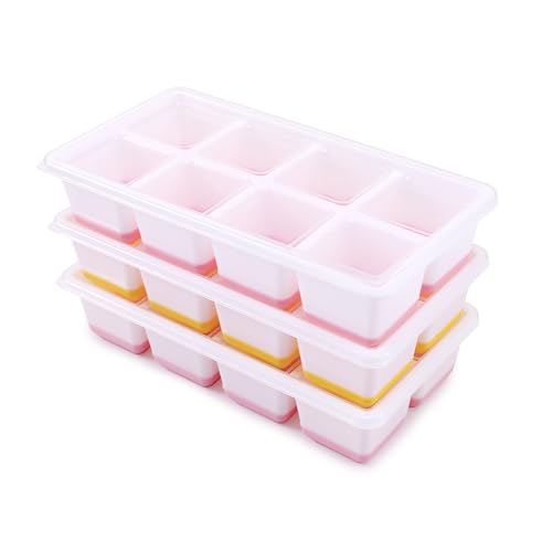 3 Pack Große Silikon Eiswürfelform mit Deckel BPA Frei Eiswürfelbehälter Stapelbar Sichere Gesunde Eiswürfel Form für Cocktail Whiskey Kaffee (2 Rosa+Gelb)