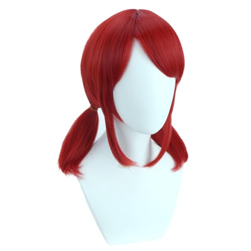 Image of Red Wig with Bangs Red Short Wig with Two Pigtails Red Straight Wigs for Women Cosplay Synthetic Wigs with Wig Cap