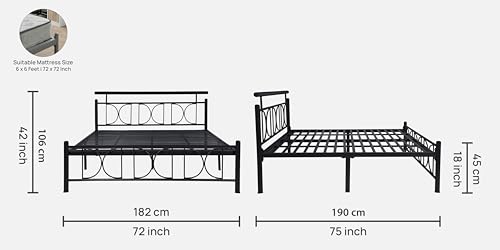 Image of Mexo Metal King Size Bed Without Storage | Wrought Iron Double Bed with Headboard & Footboard | Sturdy Powder Coated Platform Bed King Size Cot for BedroomLivingRoom Black (75x72)