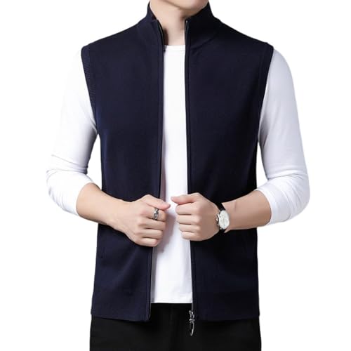 Men's Wool Blend Sweater Vest Fashion Casual Stand Collar Zipper Cardigan Knit Vest with Pocket