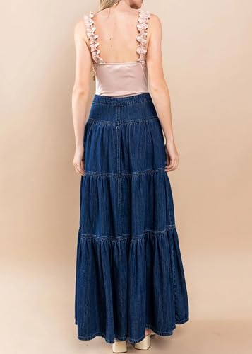 CHARTOU Women High Waist Tiered Denim Maxi Skirt Western Ruffle Patchwork Y2k A Line Long Jean Skirt Pockets4