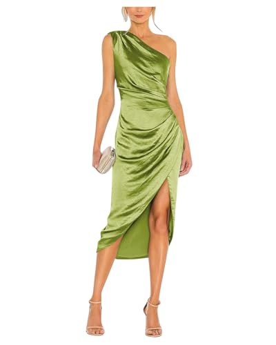 Image of Satin Bridesmaid Dresses for Women One Shoulder Prom Dress Pleated Midi Formal Cocktail Gown Wedding Guest Dress with Slit