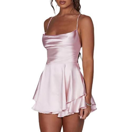 Women's Sexy Satin Mini Dress Sleeveless Tie Backless Cowl Neck Cocktail Party Silk Mini Cami Dress