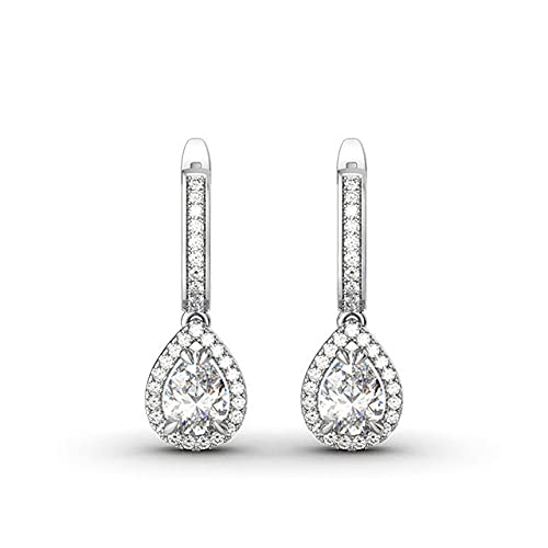 Generic 1/3 Ct Pear Shape Simulated White Cubic Zirconia Halo Hoop Earrings In 14K White Gold Plated 925 Sterling Silver (0.35 Cttw) #TOP27