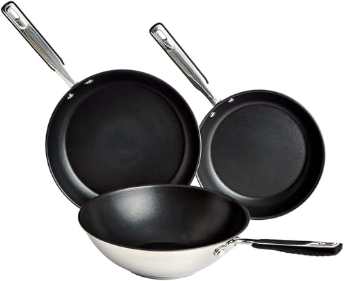 Amazon Basics 3-teiliges Pfannenset mit Wok Keramik-Edelstahl-Set mit 24 0-cm- und 28 0-cm-Bratpfanne und 28 0-cm-Wok Induktion Spülmaschinenfest