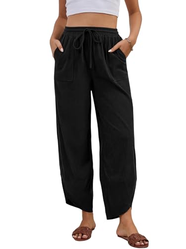 grewley Womens Corduroy Pants Casual Wide Leg Pants Harem Pants Baggy Trousers Drawstring Elastic with Pockets Black S