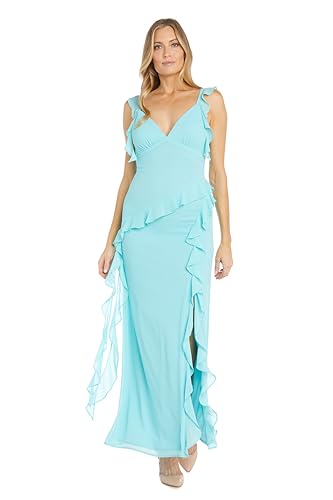 aqua metallic ruched tiered midi dress Split Hem Sleeveless Satin Scoop Neck, Ariella Maxi Dress in Aqua, Size S, For Holiday Party