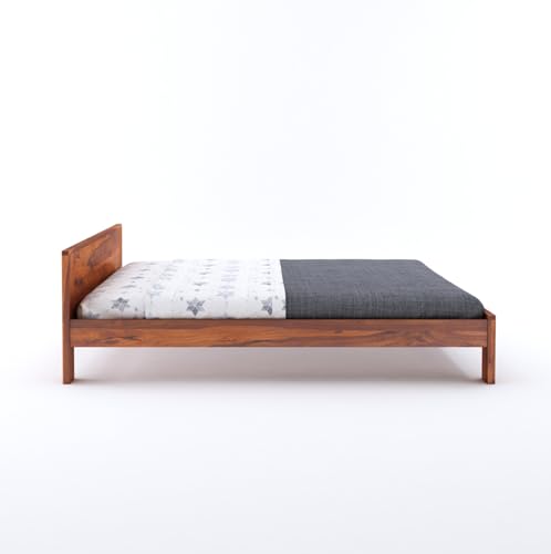 Image of Wooden King Size Bed Without Storage | Wooden Double Bed Cot Bed for Bedroom Furniture | Palang Double Bed for Hotels | Basic Headboard | Solid Sheesham Wood | Honey Finish