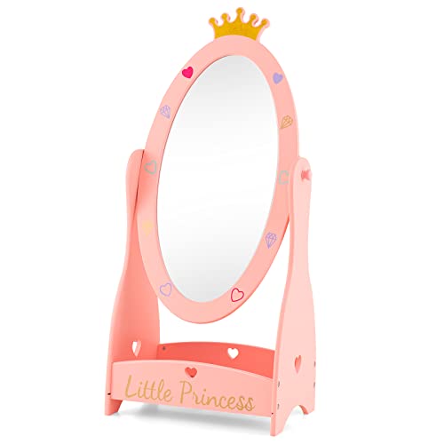 HOMGX Freestanding Kids Mirror, Non-Glass Shatterproof Toddler Dressing Mirror with Storage Box for Shoes & Accessories, View Adjustable Kids Mirror Full Length for Girls (Pink)