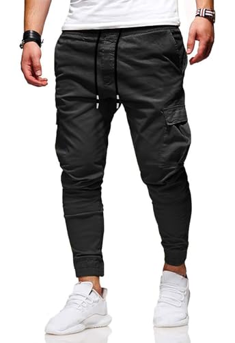 HUNGSON Men's Slim Fit Casual Cargo Pants with Drawstring Long Pants3