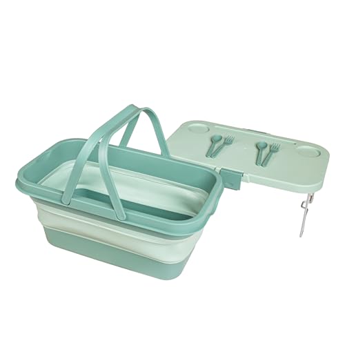 Turtle Klappbarer Picknickkorb mit Tisch, 17 Liter, Integriertes Besteck, Vielseitig und Praktisch für Picknick, Camping, Reisen und Outdoor-Abenteuer | GRÜN