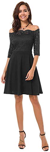 Image of Atnlewhi Womens Vintage Lace Floral Off Shoulder Elegant Swing Dresses A-line Mini Dress for Party Cocktail Wedding