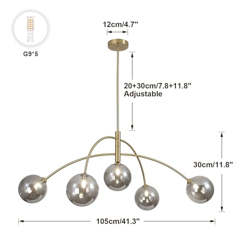 Image of Modern Gold Chandelier 5 Light Smoke Gray Semi Flush Mount Chandelier Vintage Industrial Ceiling Light Dining Room Chandelier for Kitchen Bedroom Hallway