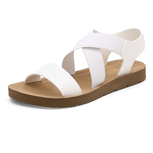 DREAM PAIRS Women's Open Toe Elastic Ankle Strap Flat Summer Sandals, Size 8.5, White, Elena-2