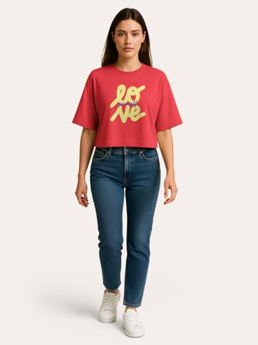 Image of HELLCAT Beige Printed Loose Fit Crew-Neck Crop T-Shirt for Women