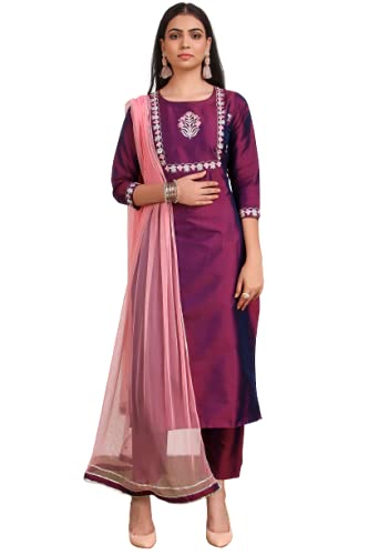 Image of Women Purple Layered Thread Work Kurti with Trousers with Dupatta-5049-P