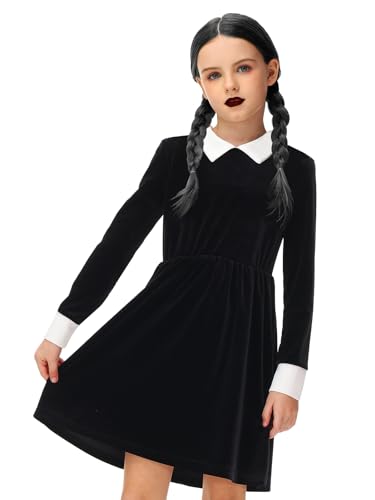 AOBUTE Girls Halloween Black Dress Long Sleeve Peter Pan Collar Twirly Dress3