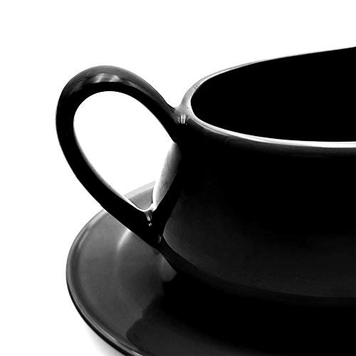Gravy Boat with Ceramic Tray, 1 PC 8 oz Easy Pour Black Gravy Boat with Saucer Stand for Salad Dressings, Milk,Broth, Creamer and More/ Microwave & Dishwasher Safe (Black)