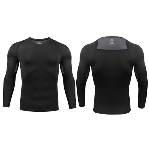 AMZSPORT Herren Kompressionsshirt Langarm Funktionsshirt Sportshirt Atmungsaktiv Laufshirt, Schwarz, XL