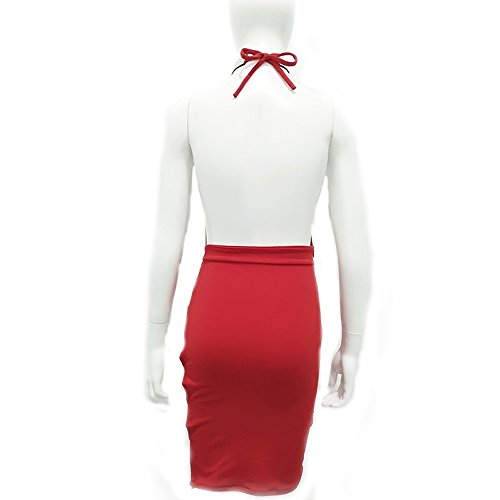 TANICY Women's Sexy Deep V Neck Bacekless Halter Slit Lace Up Mini Club Dress (Red, M)