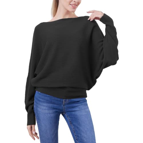 Image of FULIER Women Oversized Boat Neck Batwing Sleeves Dolman Knitted Sweaters Lightweight Pullovers Tops One Size