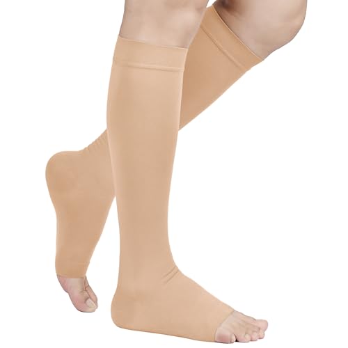 TOFLY Medias de compresión hasta la rodilla, puntera abierta, soporte firme 1520 mmHg calcetines opacos de compresión de embarazo de maternidad, soporte de tobillo y arco, hinchazón, venas