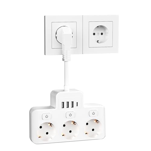 Enchufe retráctil de 6 vías con 2 puertos USB-C, 4000 W/16 A, cable de 2 m (1,5 mm²), color blanco para oficina, hogar