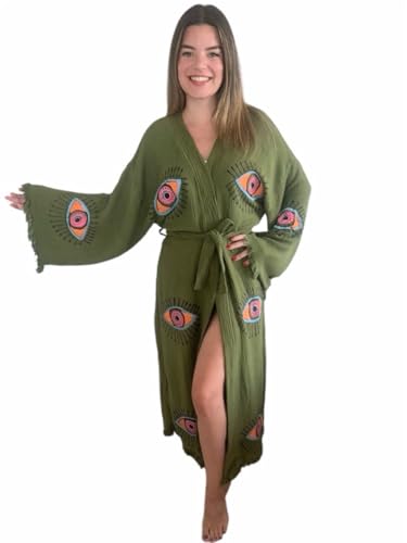 Handmade Evil Eye Kimono - Green Festival Women Clothing - Bohemian Robe - Boho Cotton Cardigan - Dressing Gown4