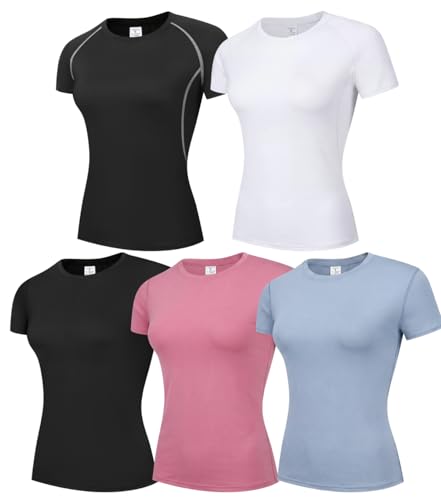 CYPER SUN 5 Pack Compression Shirts for Women 2 Styles (Raglan & Set-in Sleeve) Short Sleeve Moisture Wicking Workout Tops for Yoga Running Gym & Athletic Activewear L
