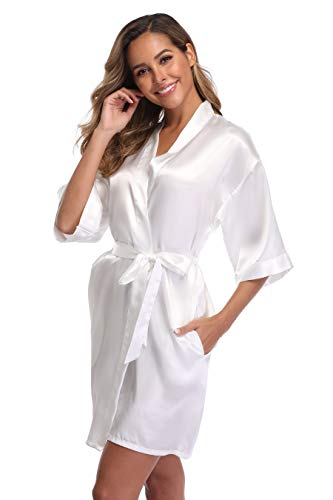 iFigure Women's Short Kimono Robe Dressing Gown Silky Bridesmaid Robes Bathrobe, White, S/M