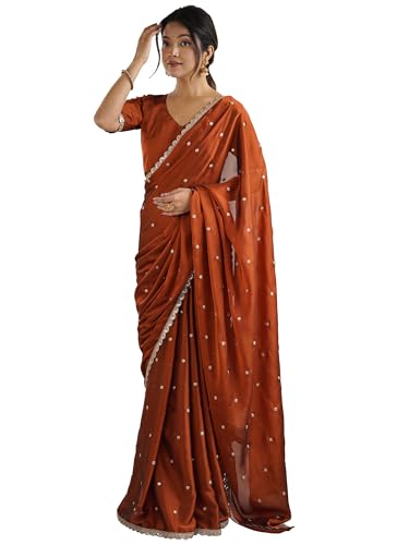 Image of AKHILAM Women's Pure Georgette Embroidered Saree With Unstitched Blouse Piece