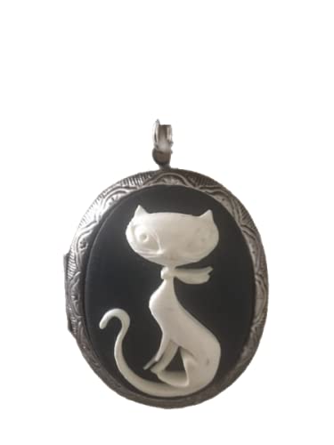 Médaillon porte-photo chat blanc vintage : pendentif camée rétro avec ruban satin noir