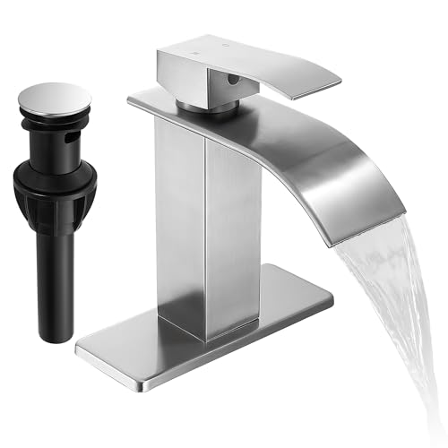 Fransiton Brushed Nickel Waterfall Bathroom Faucet Lavatory Single Handle 1 or 3 Hole Bathroom Sink Faucet Washbasin Faucet with Deck and Pop-up Drain