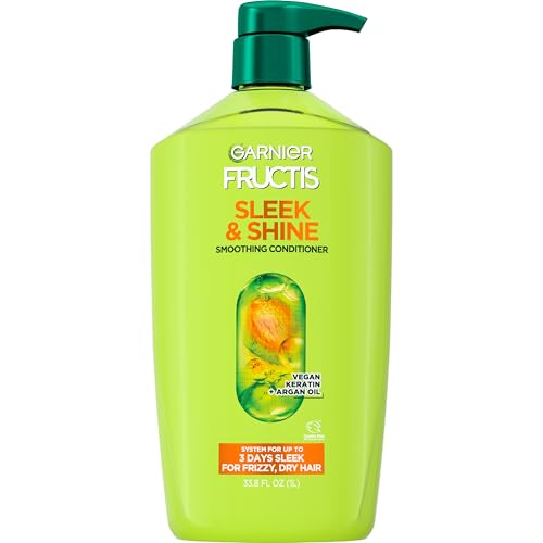Garnier Fructis Sleek & Shine Conditioner, Smoothing Conditioner for Frizzy, Dry Hair with Argan Oil and Vegan Keratin, 33.8 Fl Oz (Packaging May Vary)