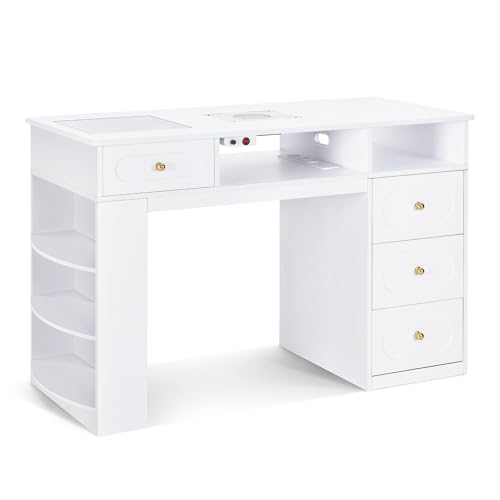 BarberPub Manicuretafel Met 4 Lades, Plank, 2 opbergvakken en glazen blad, nageltafel Met afzuiging en 2 stofzuigerzakken, Houten nageltafel, Bureau voor nagelsalon wit, 55x120x80cm, 2442