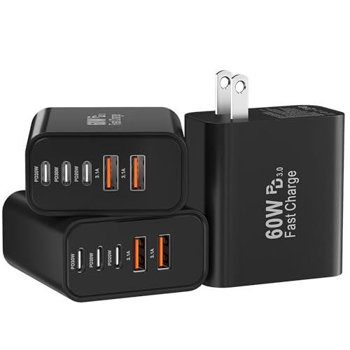 Image of USB C Fast Wall Charger Block, 3Pack 60W USBC Charging Cubes, 5-Port PD+QC Power Adapter Multiport Brick Type C Box Plug for Phone 17 /16 /15 /14 /13 /12 /11 /Pro Max /Plus, Pad Mini /Pro /S25 /S24-Black