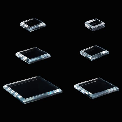 PH PandaHall 6 Pack Clear Crystal Glass Display Base, 6 Size Square Flat Glass Display Stand Blocks Cube Polished Riser Pedestal Stand for Figurines, Crystals, Collection Crafts, 3/4/5/6/8/10cm