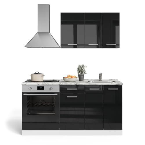 Vicco Cocina para Solteros R-Line, Negro Brillo/Blanco, 160 cm con Mueble para Horno Empotrado sin encimera - imagen 5