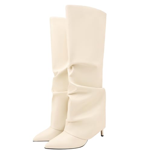 Image of Women's Knee High Boots Fold Over High Heel Pointed Toe Black White Long Boots Women Dress Tall Boots for Women