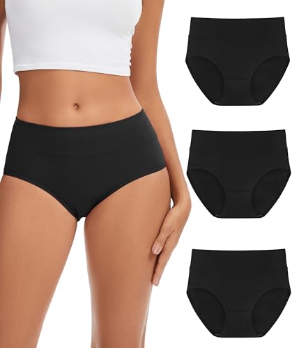 CAOZITOU Merino Wolle Unterhosen Damen Wolle Hohe Taille Unterwäsche Atmungsaktiv Slips Hipster Panties Weich Stretch Frauen 3er Pack (Schwarz L)