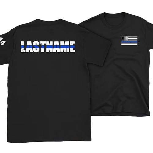Personalized Last Name Police T-Shirt Name & Badge Number Custom Thin Blue Line USA Vertical Flag Policemen Tee Shirt Retirement Gift Idea for Cop (T-Shirt)